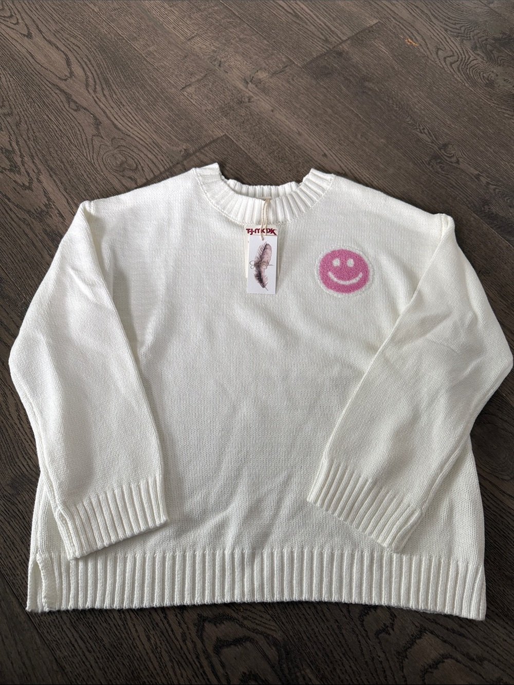 Jessica Simpson White Crewneck Sweater with Pink Smiley